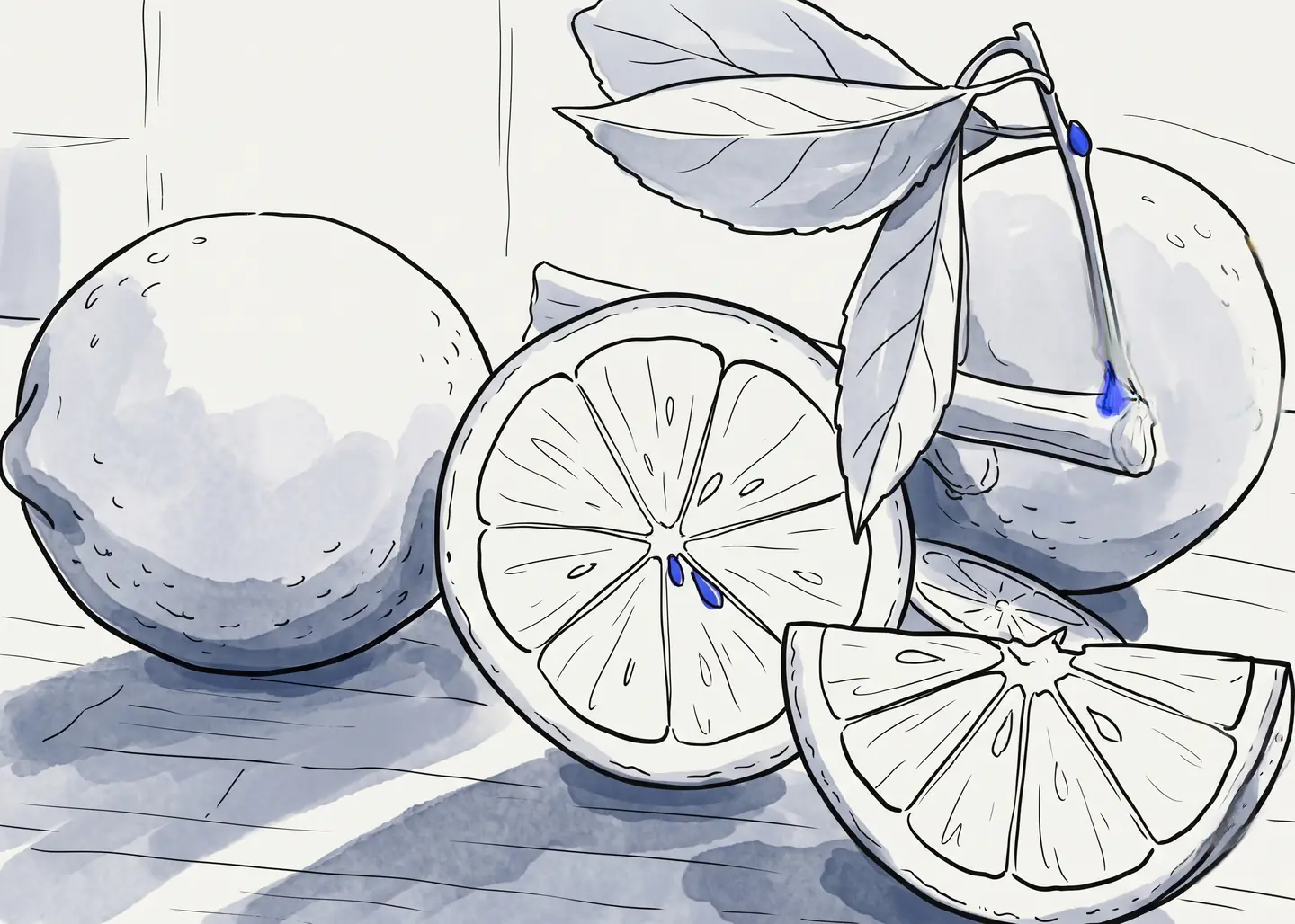 Ink drawing of lemons on a kitchen bench