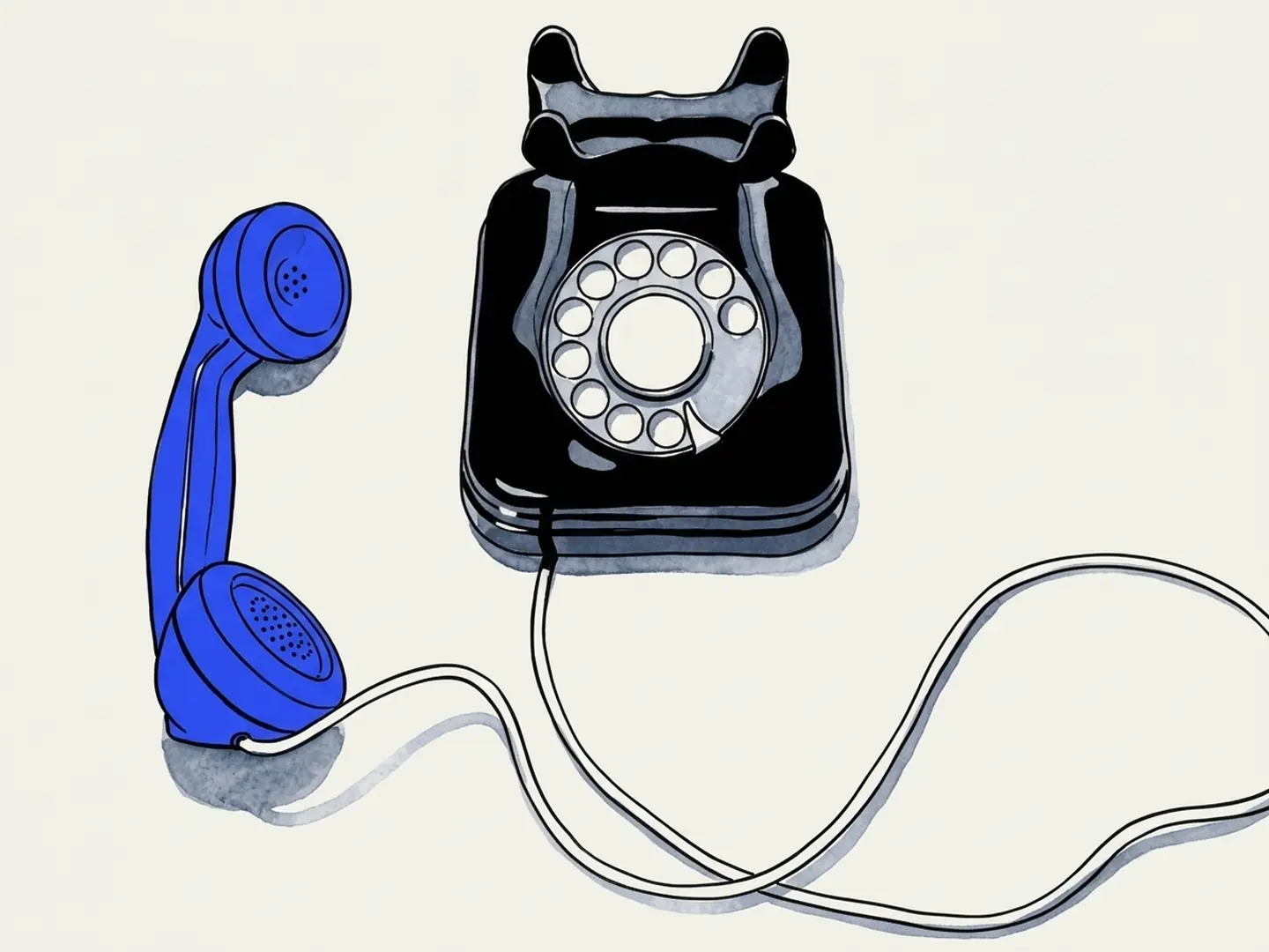 Ink drawing of a vintage rotary telephone with the receiver off the hook