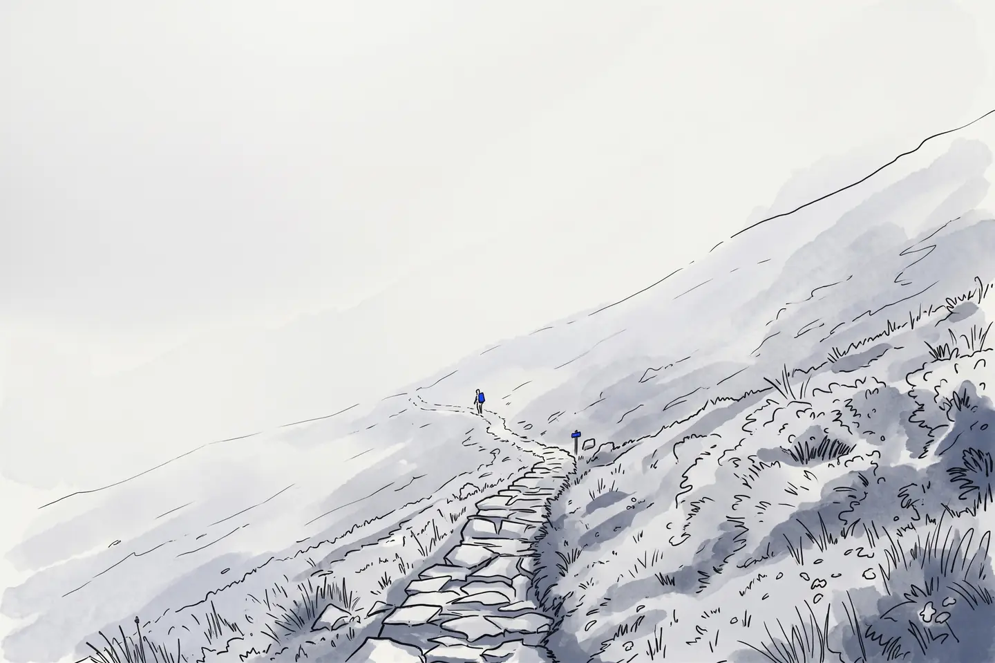 Ink drawing of a mountain path disappearing into fog