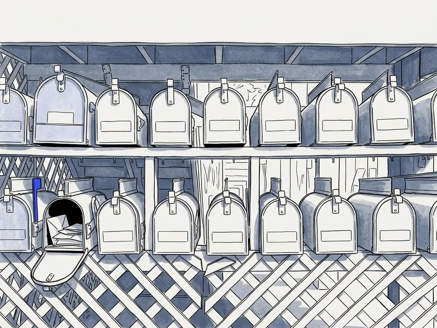 Ink drawing of rows of old mailboxes on wooden shelves