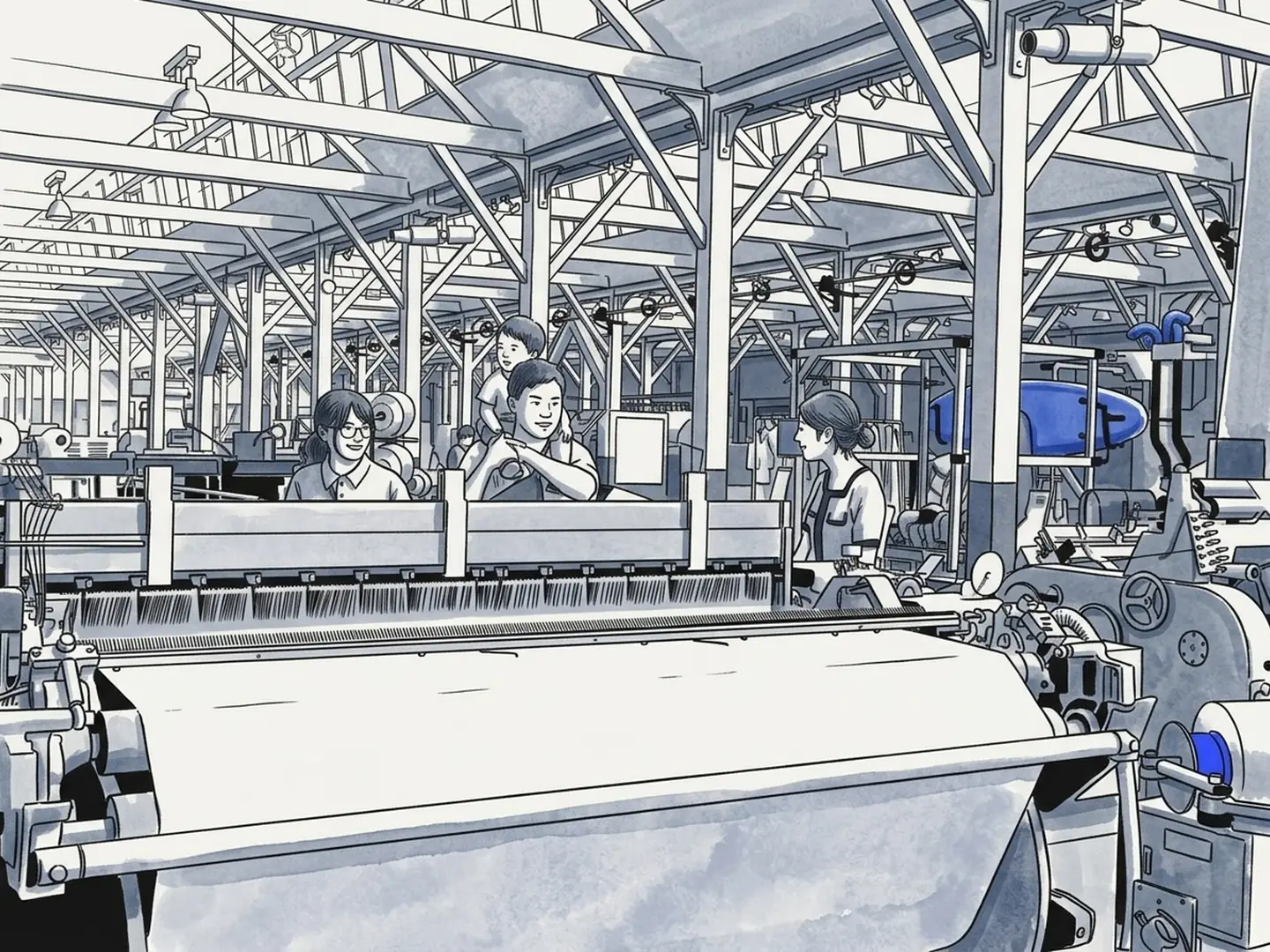 Ink drawing of weaving looms in a textile hall in Nagoya, Japan
