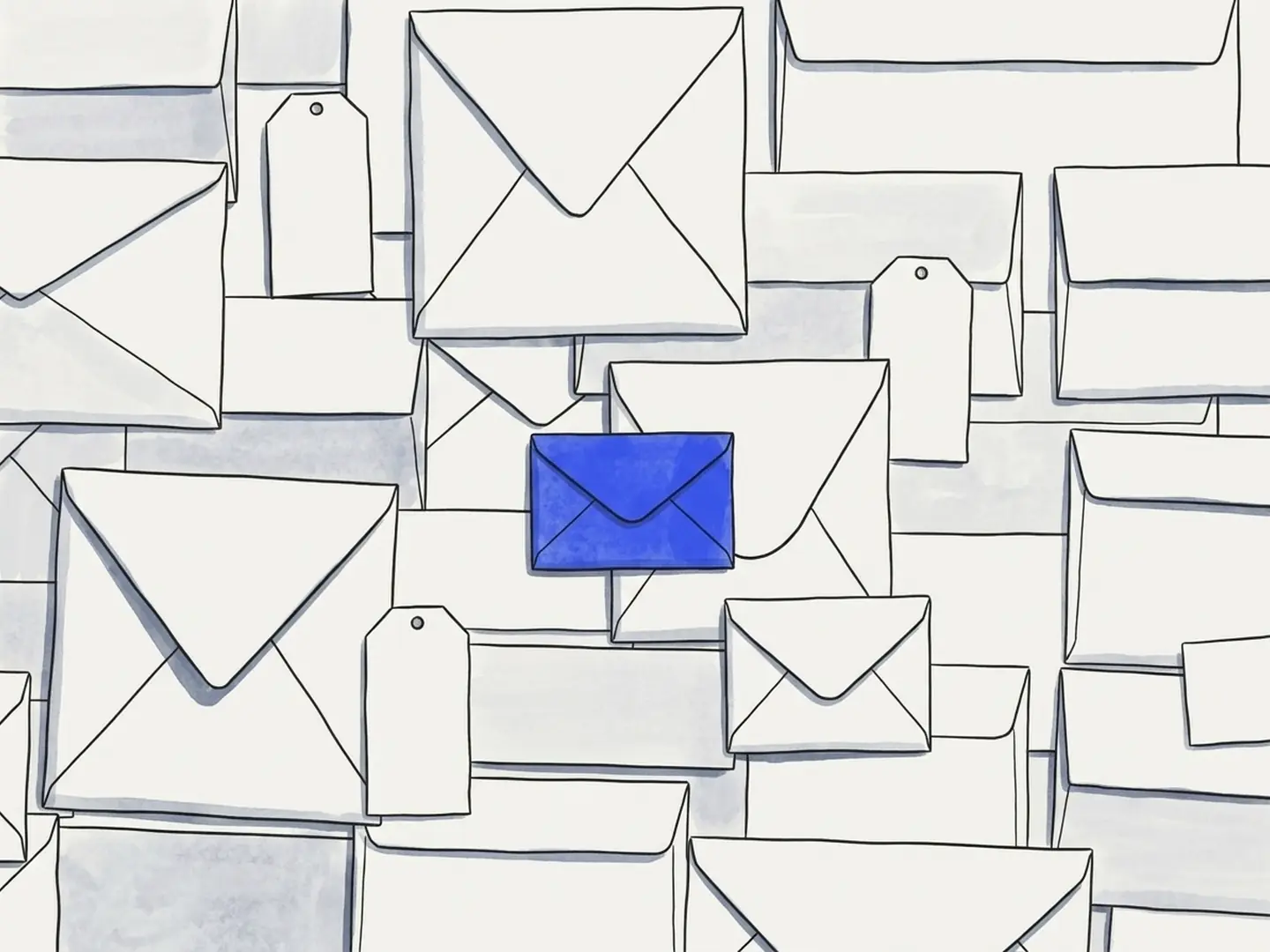 Ink drawing of a wall of blank envelopes and gift tags