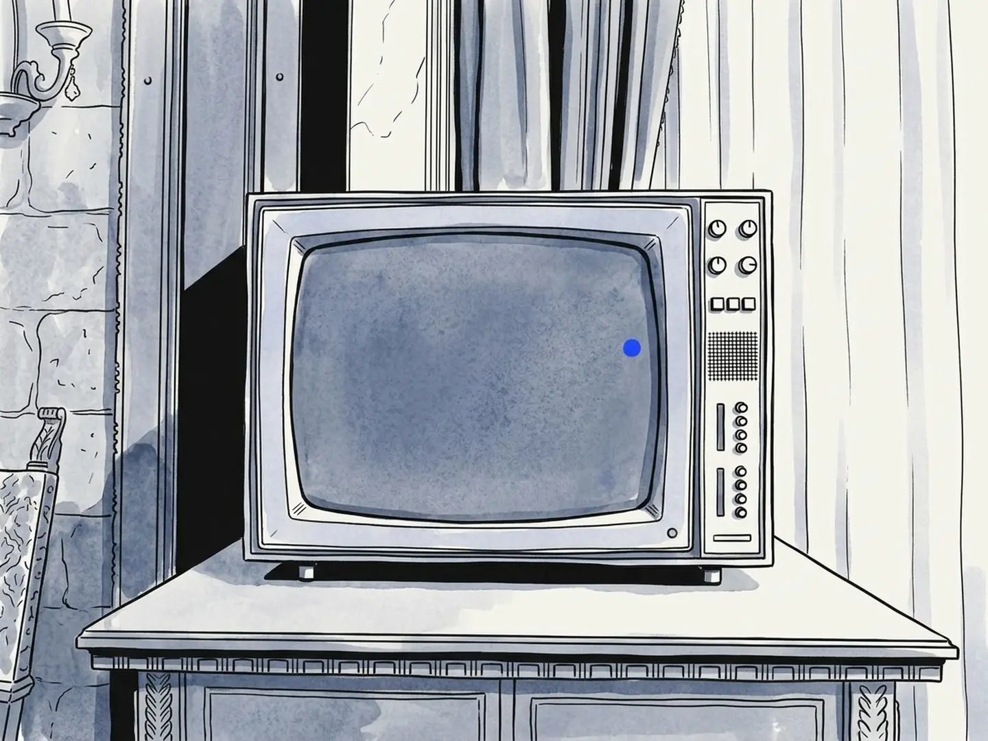 Ink drawing of a vintage television set on a sideboard
