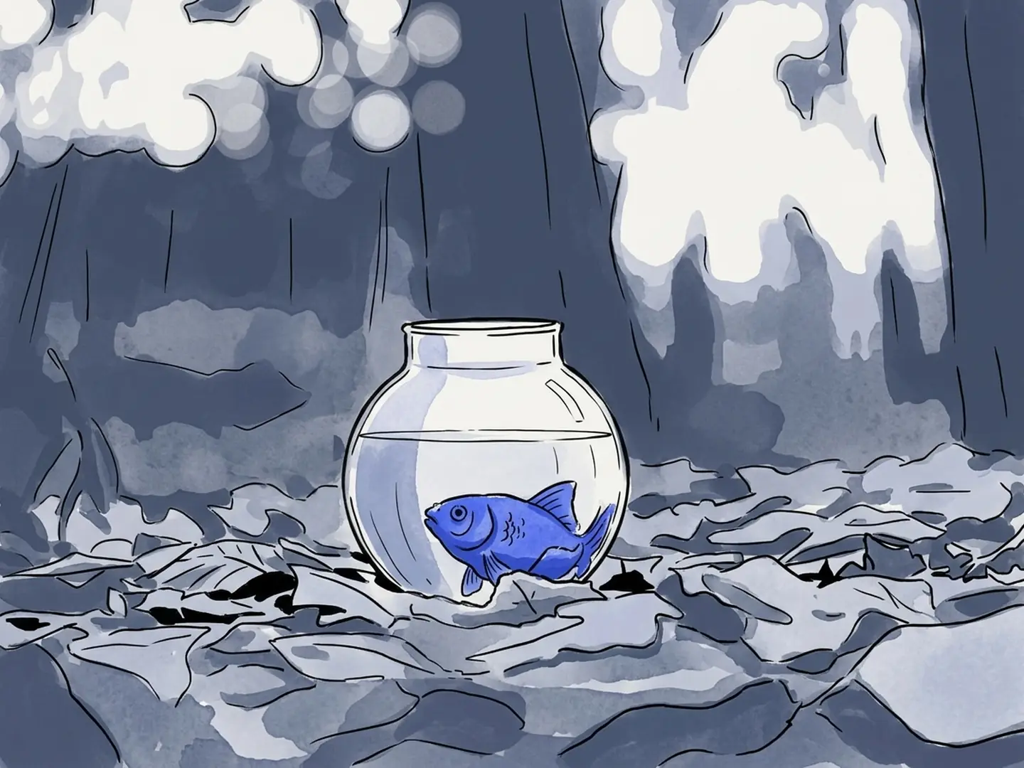 Ink drawing of a goldfish in a small glass bowl